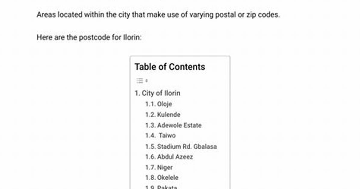 Ilorin Postal or Zip Codes (South/East/West Lgas)